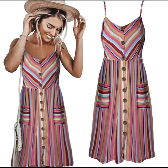 Boho stripped dress with front pockets - Picture 1 of 8